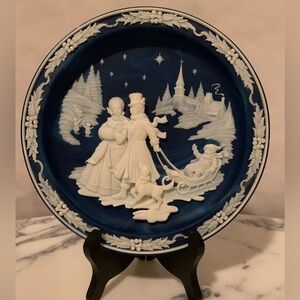 Vintage Incolay Lapis Stone Plate Sledding By Starlight Roger Akers 1993 W/ Box